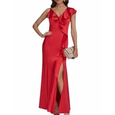 Donna Karan New York Red Ruffle Front Evening Gown Maxi Dress Size 10 NWT