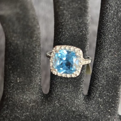 Blautopas 4,38 ct. Diamant Ring 10 Karat Weißgold Größe 7 mit Gutachten