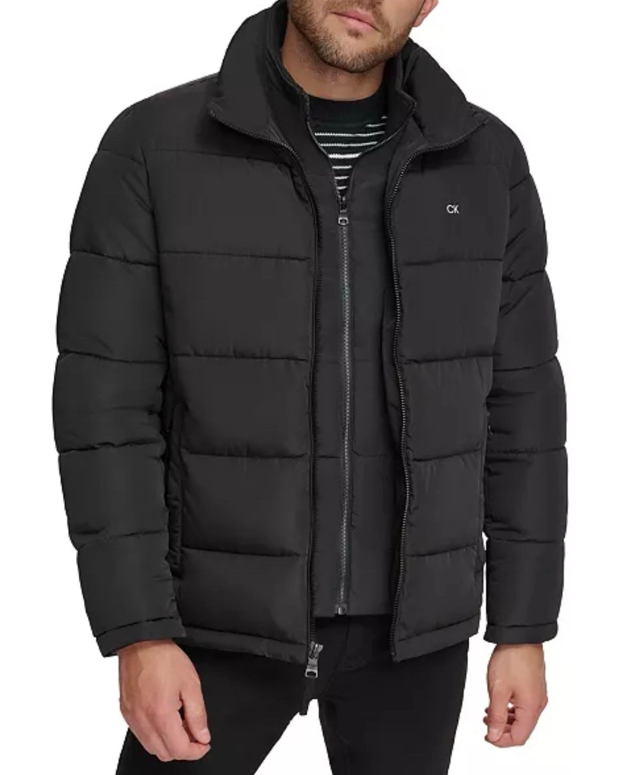 Calvin Klein Mens BLK Double Full-Zip Set-In Bib Puffer Jacket Coat Size L