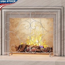 Wrought Iron Freestanding Fireplace Screen Mesh Spark Guard Safety Decor Pewter