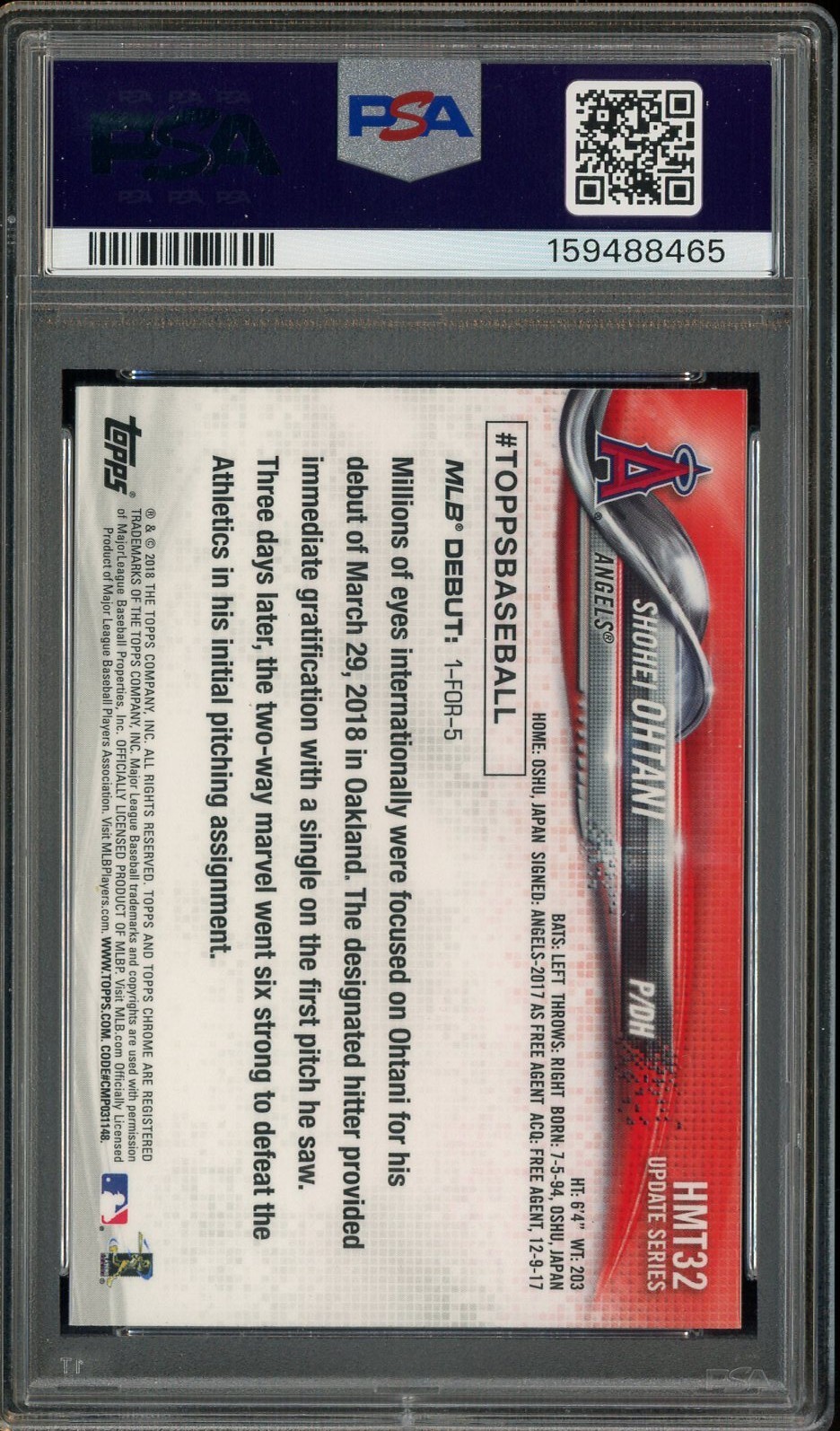 2018 Topps Chrome Update Shohei Ohtani PSA 10 Rookie RC #HMT32 view 2