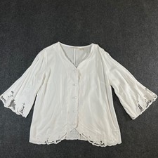 Soft Surroundings White Eyelet Lace Button Blouse Bell Sleeve V-Neck Medium
