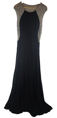 Cache Elegant Black Rhinestone Gown with Nude Mesh Top Side Zipper Size 12
