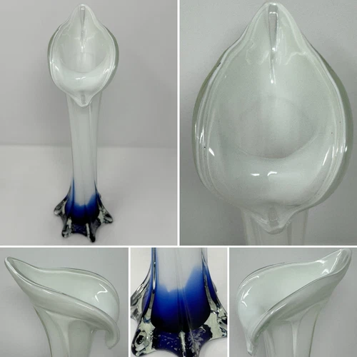 Murano Art Glass Vase Jack In The Pulpit Calla Lily Blue & White Twisted Vtg