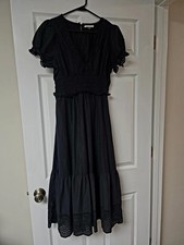 American Eagle AE Puff Sleeve Smocked Tiered Midi Dress Black Cotton Wmns Medium