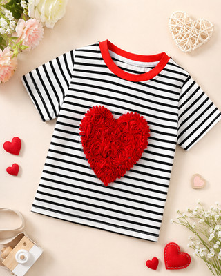   Modisches Mädchen T-Shirt mit 3D-Rosenherz   Gr. 98/104 fein gestreift Neu!!