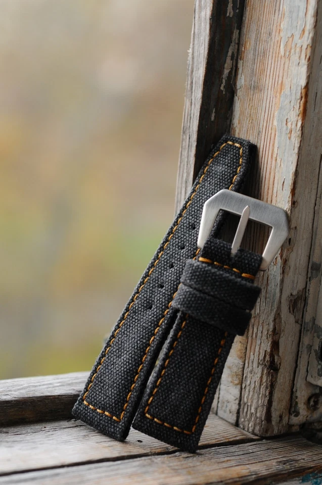 Correa de reloj de lona hecha a mano negra envejecida 26/22 mm *Listo para usar *US-DutyPaid Foto 4 de 4