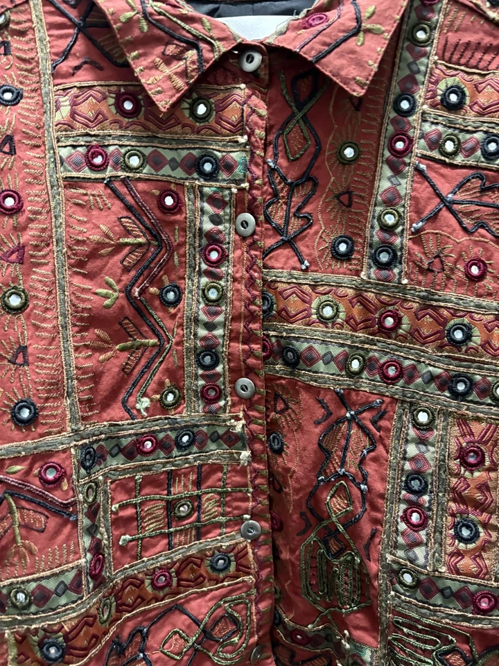 Chico's Jacket Womens Large Size 2 Red Embroidered Boho Mirror Applique India - Image 2 of 4