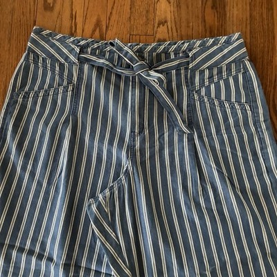 American Eagle Wide Leg High Rise Blue Stripe Chambray Pants 20 Tie Belt Cotton