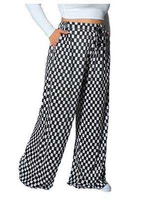 Womens Plus Size Plaid Checkered Wide Leg Pants Tie Front Baggy Trousers