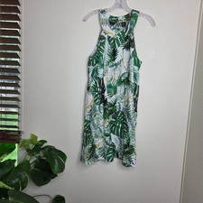 Tahari Linen Dress Tropical Palm Leaf Sleeveless White Green Size US 12