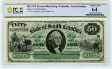 1872 $50 Revenue Bond Scrip-Columbia, South Carolina PCGS Choice UNC 64