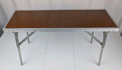 Vintage Folding Aluminum Folding Camp Camping 30'' Table Bench Wood Grain Top 