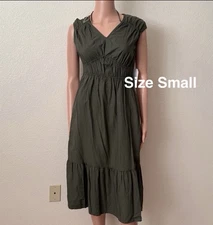Time and Tru Women's V-Neck Midi Dress, Size Small, Olive Oak