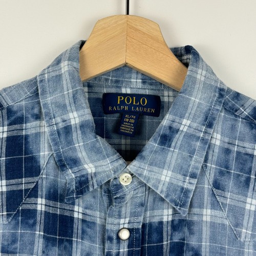 Polo Ralph Lauren Pearl Snap Shirt Linen Cotton Plaid Blue Tie Dye Boys XL - Picture 3 of 13