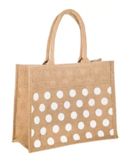 Beige & White Polka Dot Jute Tote Bag 11" H x 6" W x 14" D New