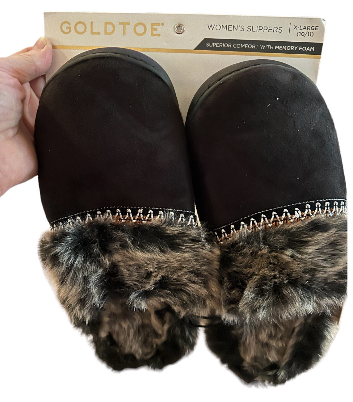 PANTOFOLA D’ORO Pantofole donna punta oro nere scamosciate pelliccia sintetica suola interno esterno XL tg 10 11