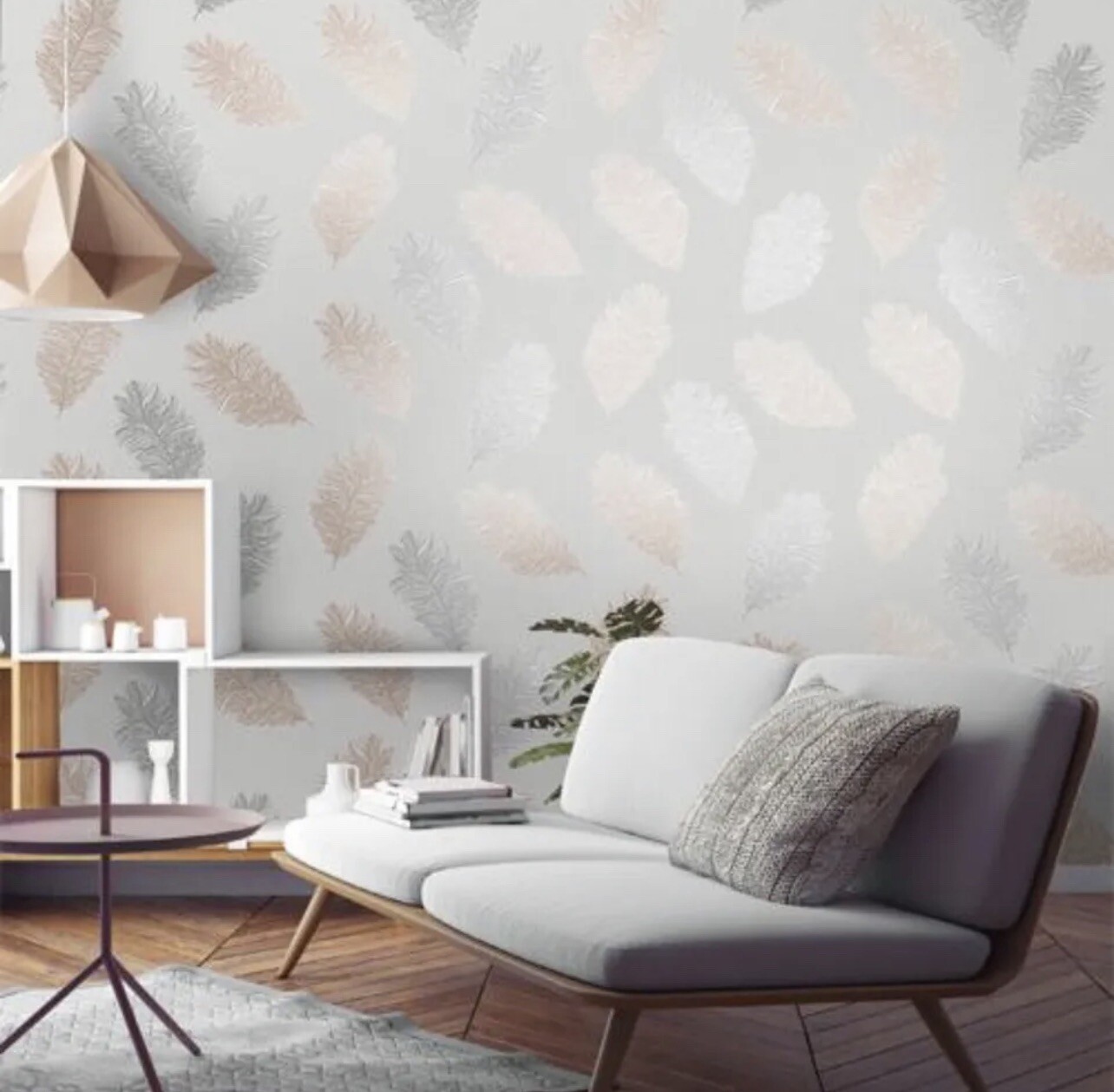 Holden Decor Astonia Feather Grey/Rose Gold Metallic Glitter 10m