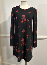 NWOT Mango Basics Black Stretchy Long sleeve Dress Holiday Red Flowers Size 4 Sm