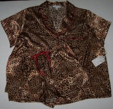 NWT In Bloom by Jonquil Copper/Black/Red SATIN LEOPARD Pajama SHORTS/Top Set 2X