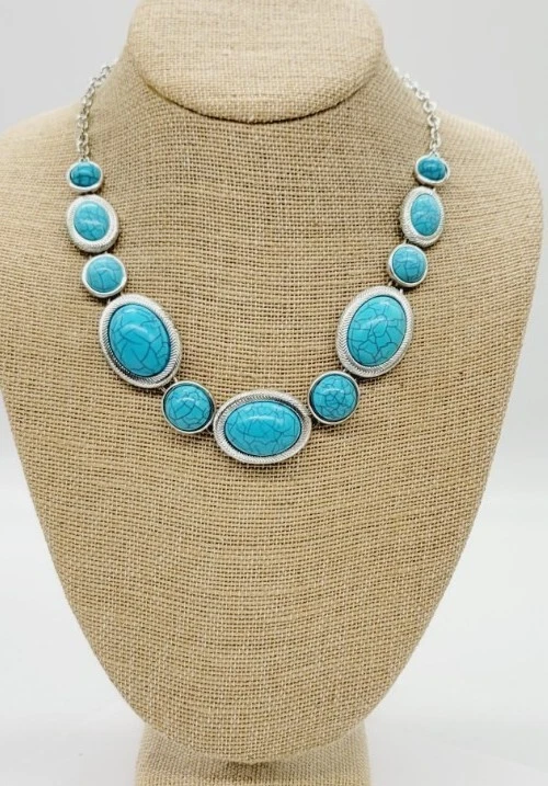 Trifari Necklace Faux Turquoise Silver Tone 19 in - Image 2 of 4