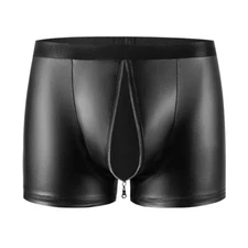 Men Matte Faux Leather Underwear Hollow Out Zip Shorts Briefs Sexy Clubwear