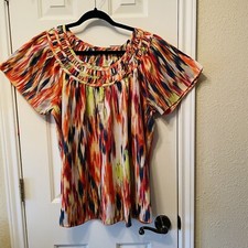 VIBRANT MULTI-COLOR BLOUSE-PLUS SIZE-SHORT FLUTTER SLEEVES