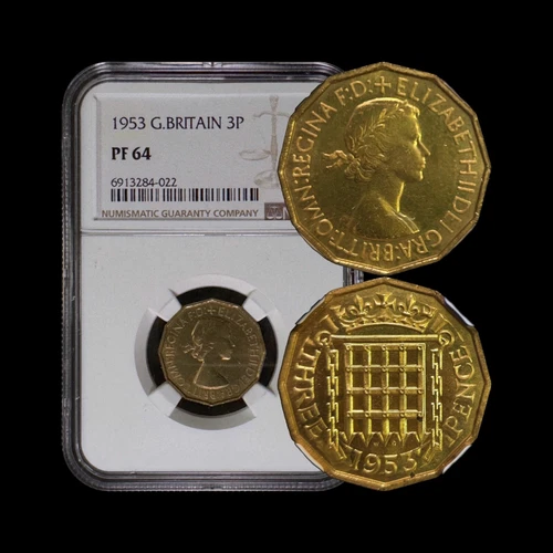 GREAT BRITAIN. 1953, 3 Pence - NGC PF64 - Crowned Portcullis, Tudor Badge 024