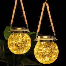 Solar Lantern Crackle Glass Ball, Garden Lights Hanging Solar Lanterns Outdoor