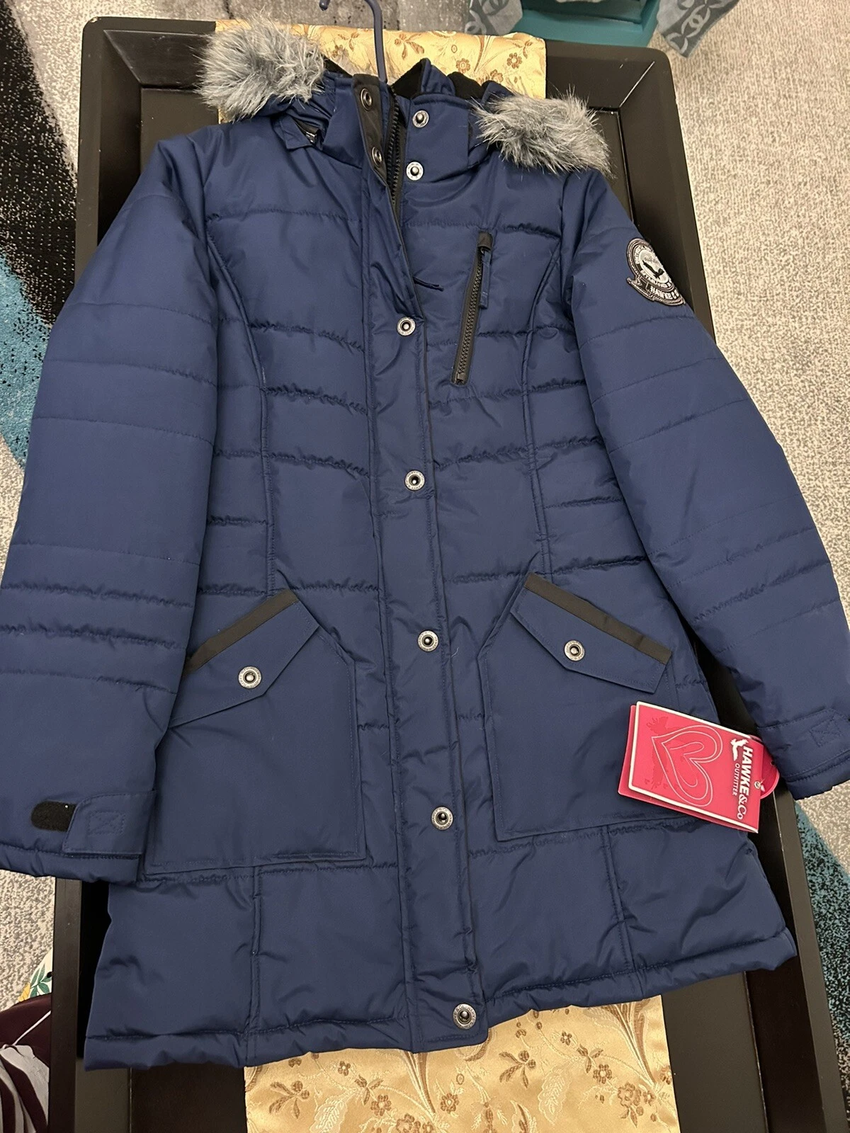 Girls Hawke & Co Outfitter Jacket Navy Size 16 Detachable Hood Faux Fur
