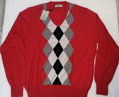 Herren Pringle Golf Pullover Merinowolle Pulli 2XL leicht rot Argyle (282)