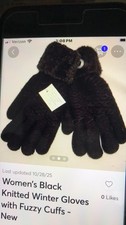 Woman  s Black Knitted Winter Gloves With Fuzzy Cuffs