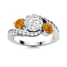 925 Sterling Silver 5MM Round Shape White Topaz  Citrine Three Stone Women Ring
