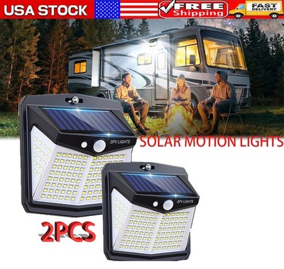 2PCS Solar Power 128 LED Lights PIR Motion Sensor Outdoor Security Lamp Wall Set