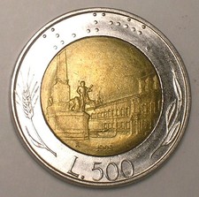 1995 Italy Italian 500 Lire Italia Bimetal Coin XF