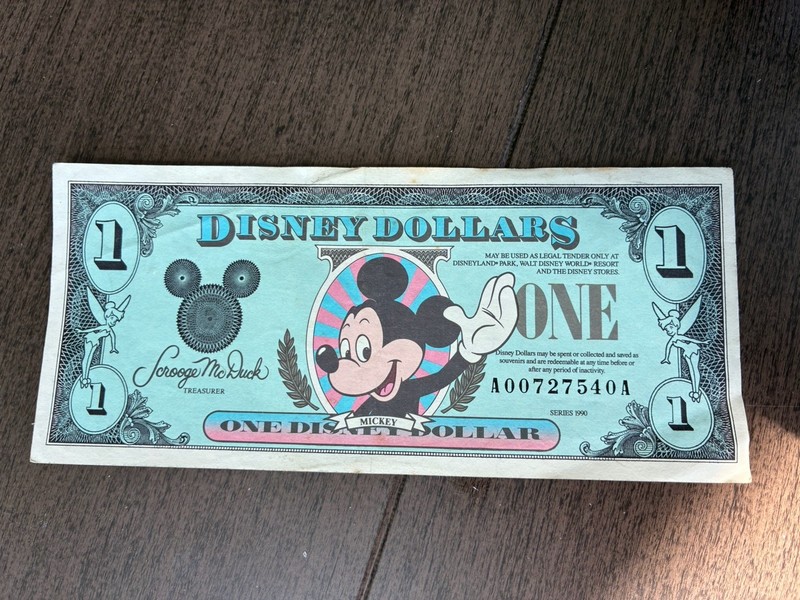 Vintage 1990 Disney Dollars $1 One Dollar Walt Disney World Disneyland