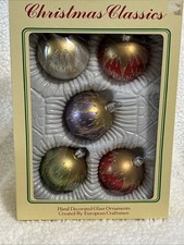 VTG Commodore Hand Decorated Glass Ornaments Christmas Classics Romania Set Of 5