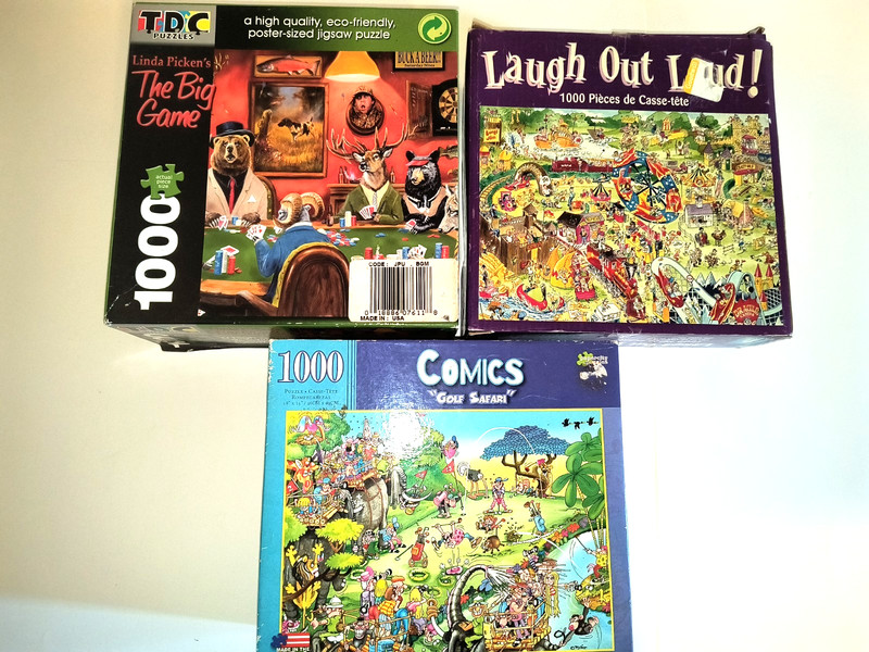 Lot Of 3 Fun Cartoon  1000 Pc Puzzles & ( Linda Pickens Big Game )