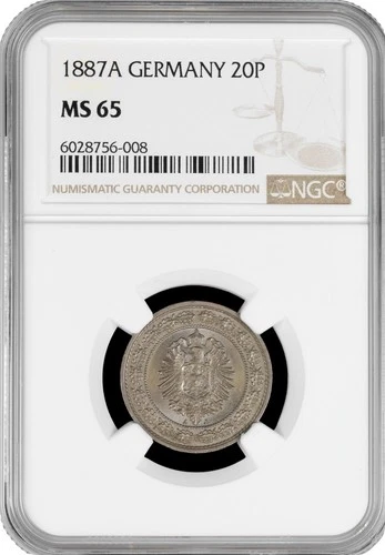 Germany 20 pfennig 1887 A, NGC MS65, "German Empire (1871 - 1922)"