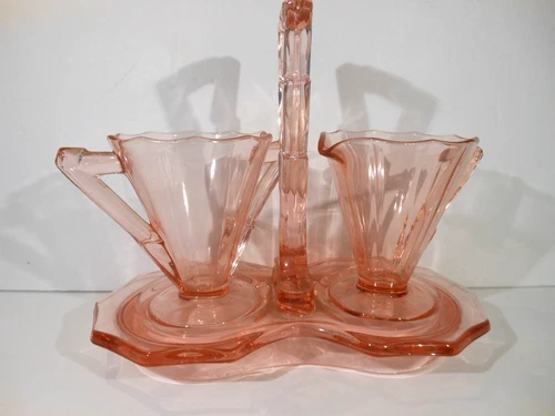 Vintage Art Deco Pink Depression Glass Sugar and Creamer Set with tray