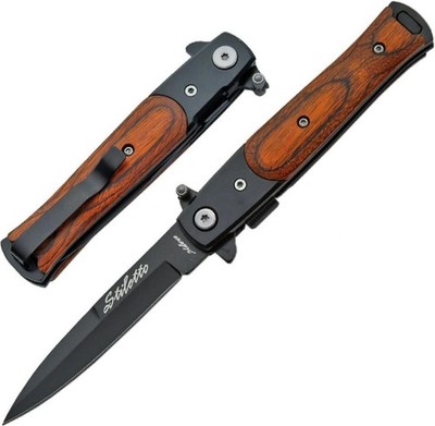 Spring-Assist Folding Pocket Knife 3.25in Stiletto Blade Brown Wood Handle 