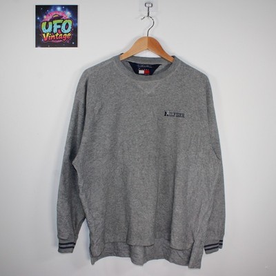 Tommy Hilfiger Fleece Sweatshirt Herren L Grau Vintage College Spellout Varsity