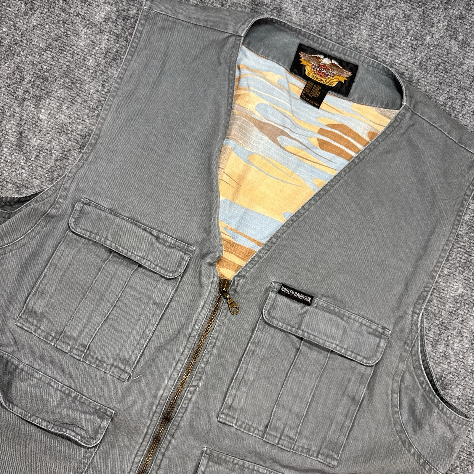 Vintage Harley-Davidson Utility Vest Large Gray Canvas Workwear Fishing Vest