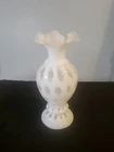 Vintage 1940’s  Fenton Honeysuckle Coin Dot Opalescent Ruffle Vase 9”