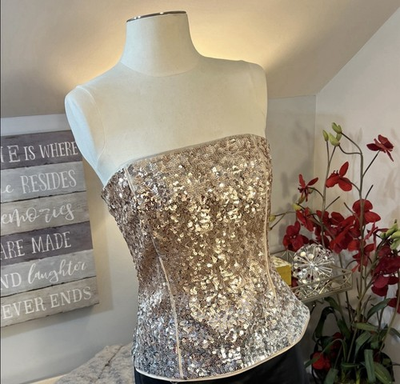 #ad White House Black Market Champagne and Silver Sequin Strapless Corset Top Size 6 $35.00