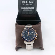 Bulova Marine Star C 98B301 Blue/Rose Gold Dial Men's Quartz Silver Watch 45mm