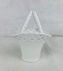 Vintage White Porcelain Milk Glass Basket Vase Easter Cottage Lattice Trim 5”