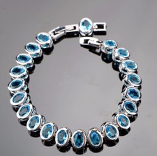 Sterling Silver Lab-Created Blue Fire Topaz Stone   Tennis Bracelet Bangle. 7-8”