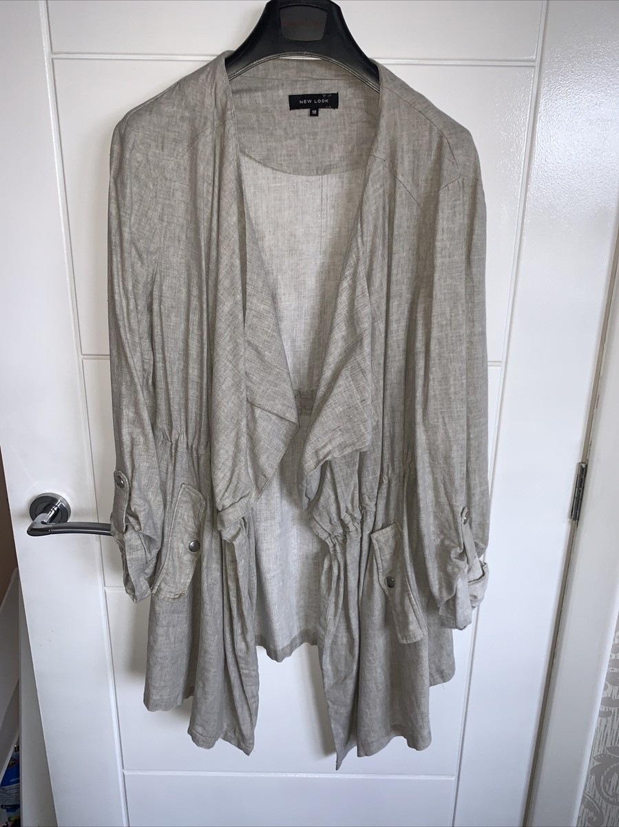 New Look Linen Blend Waterfall Jacket Grey Beige Size 10 Spring Office