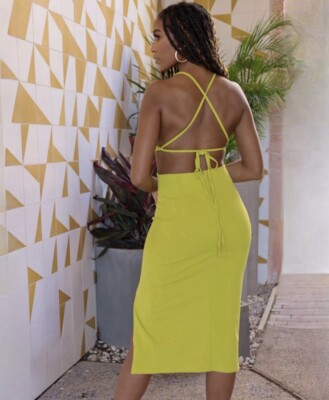 Lime Green Cut Out Tie Midi Dress Sz M | eBay